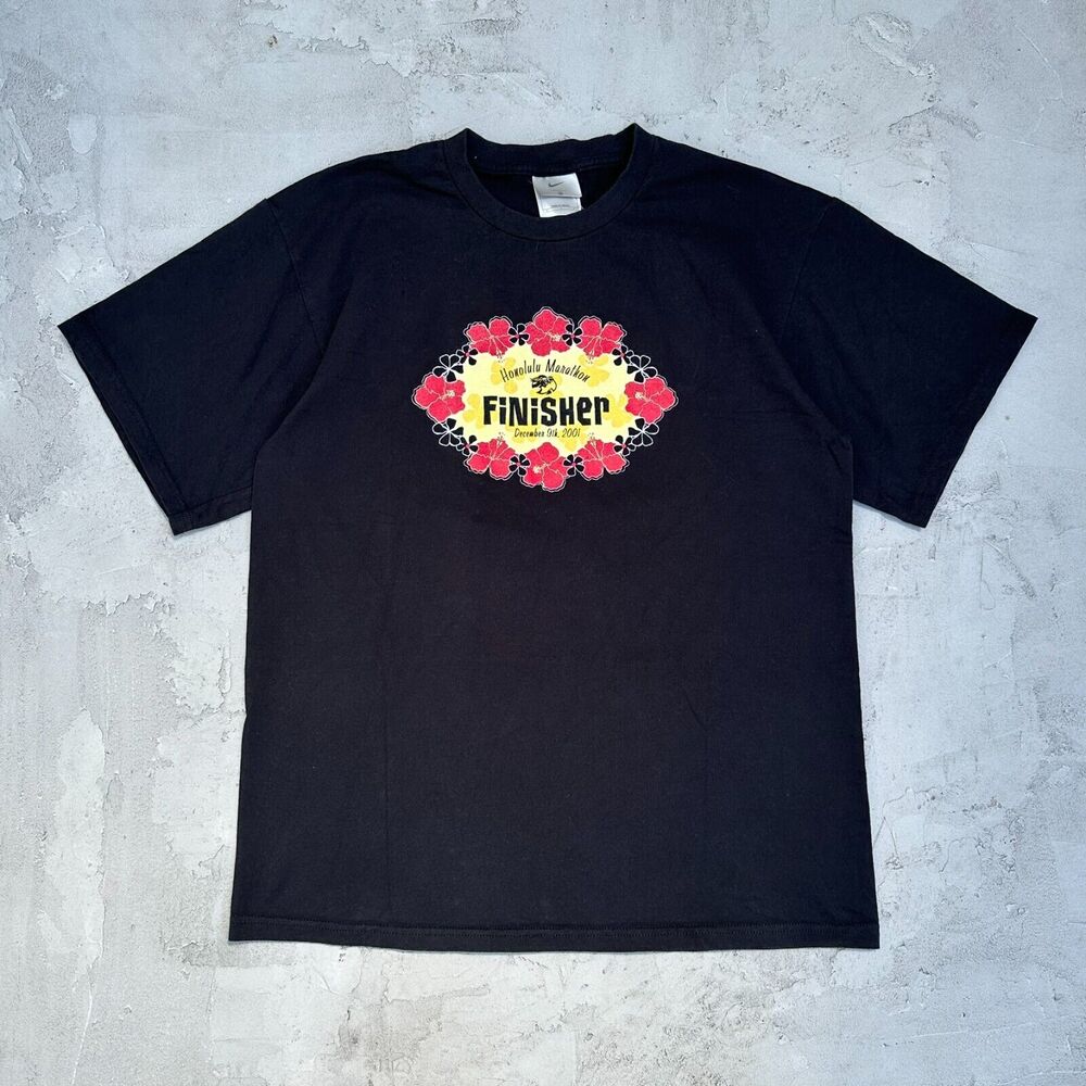 Vintage Nike JAL Honolulu Marathon Finisher Hawaii 2001 Black T Shirt